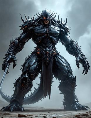 The primary subject of the image is a large, muscular robot with a spiky appearance. The robot is standing on a rocky surface, which serves as the setting for the scene. The visual style of the image is digital art, as it is a detailed and intricate illustration of the robot. The dominant colors in the image are black and grey, giving the robot a menacing and imposing presence.
